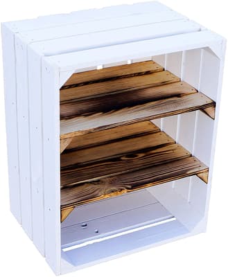 Weiße Holzkiste mit geflammtem Mittelbrett