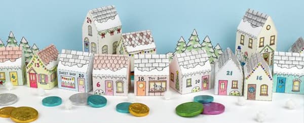 Druckbarer DIY Adventskalender bunte Häuschen