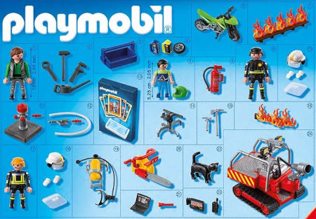 Inhalt PLAYMOBIL Adventskalender Feuerwehreinsatz mit Kartenspiel